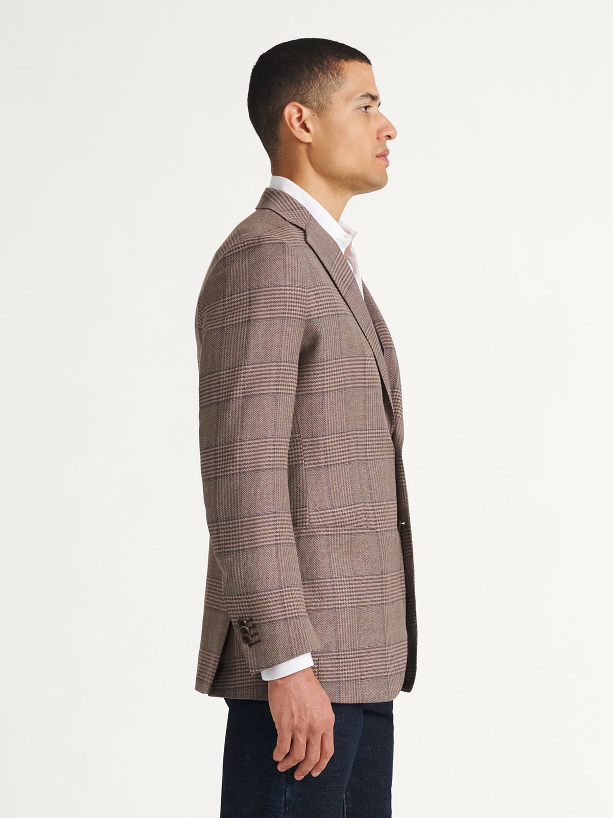Mocha and Blue Glen Plaid Wool and Linen Stretch Jacket - Custom