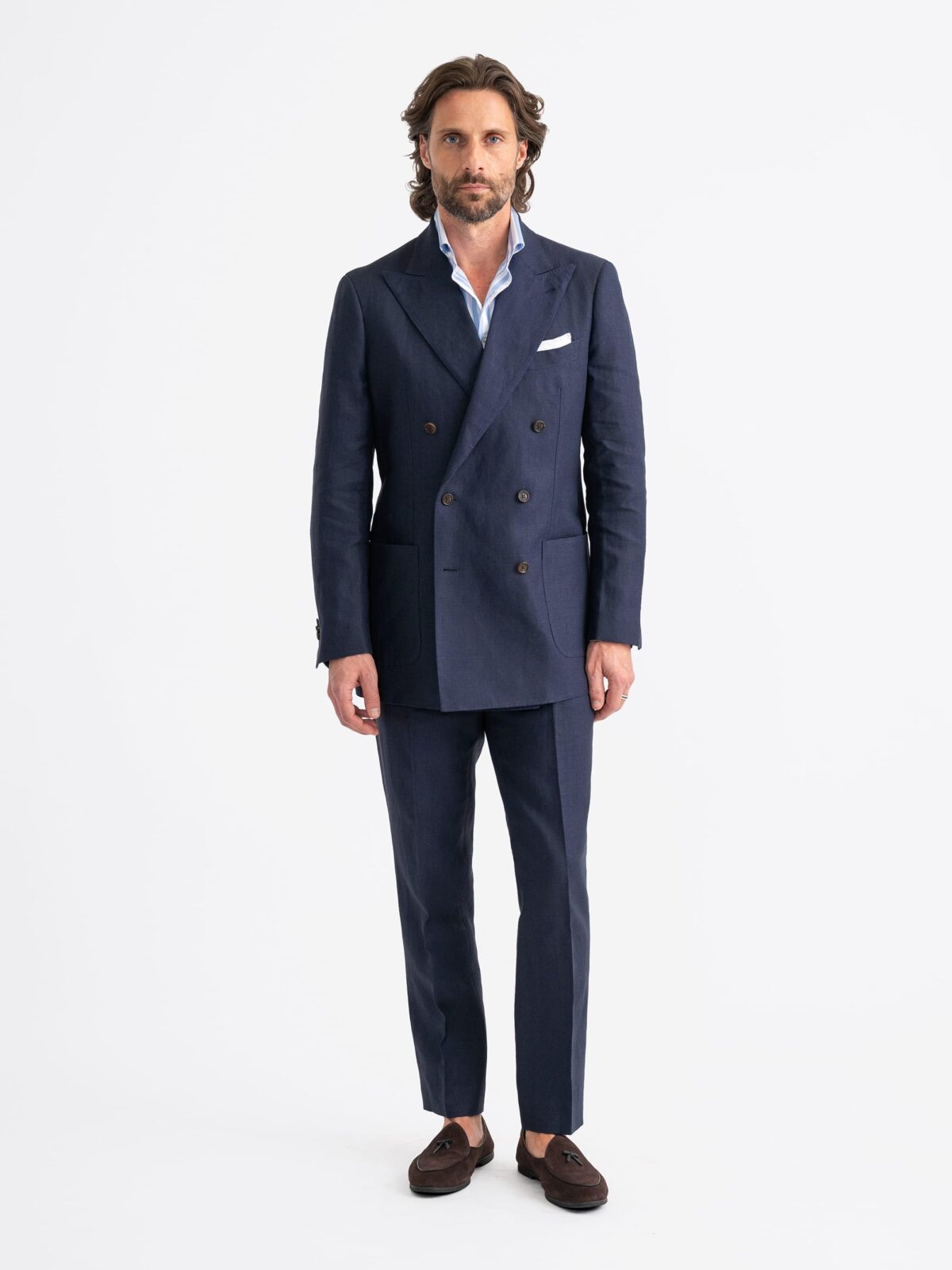 Navy Irish Linen Double Breasted Bedford Suit - Custom Fit Tailored Clothing