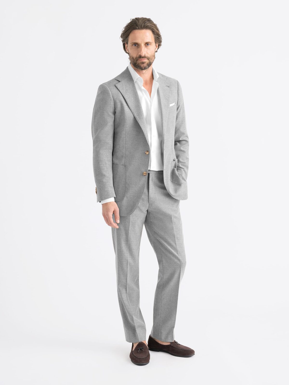 Grey Stretch Wool Blend Hopsack Bedford Suit - Custom Fit Tailored