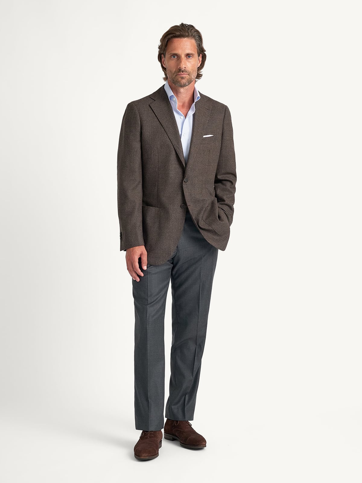 Drago Wool Flannel S130s Brown Micro Gun Check Bedford Jacket
