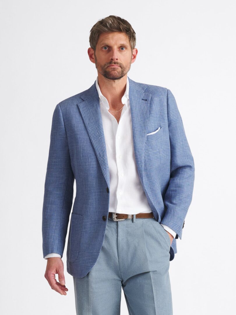 Drago Faded Blue Glen Plaid Wool and Linen Blend Thumb Detail