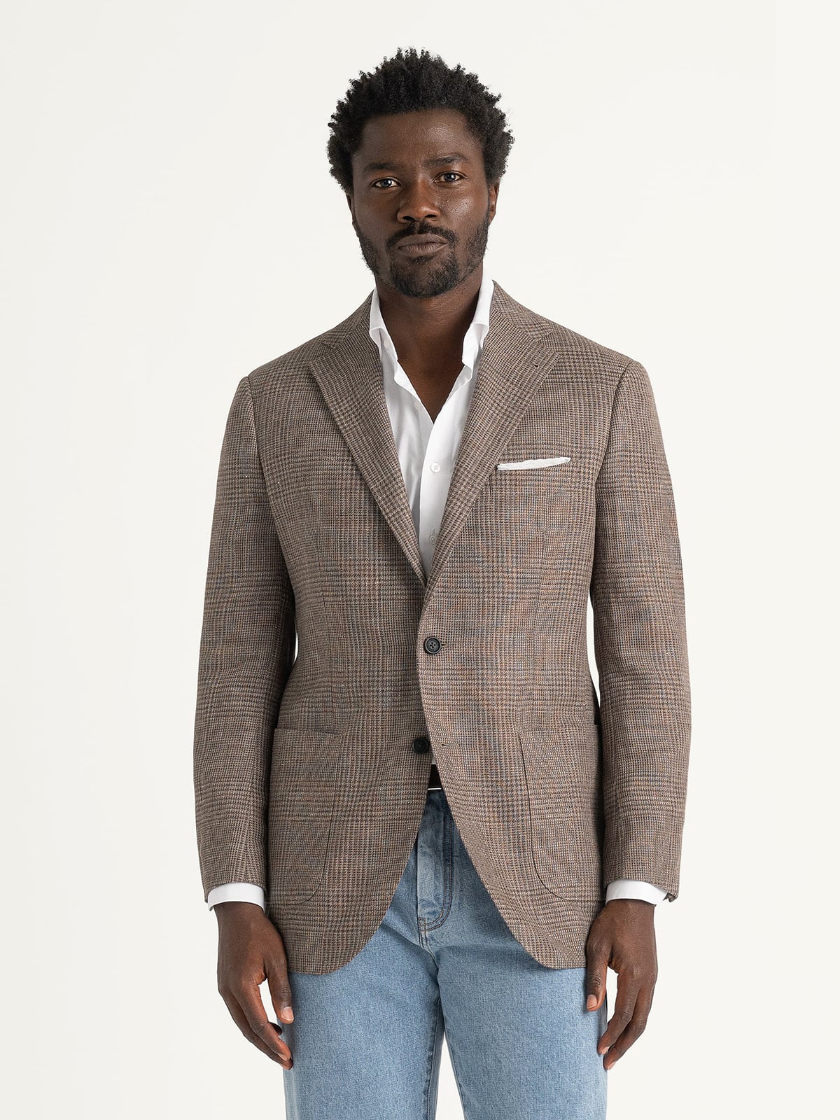 Drago Brown Wool and Linen Glen Plaid Bedford Jacket - Custom Fit