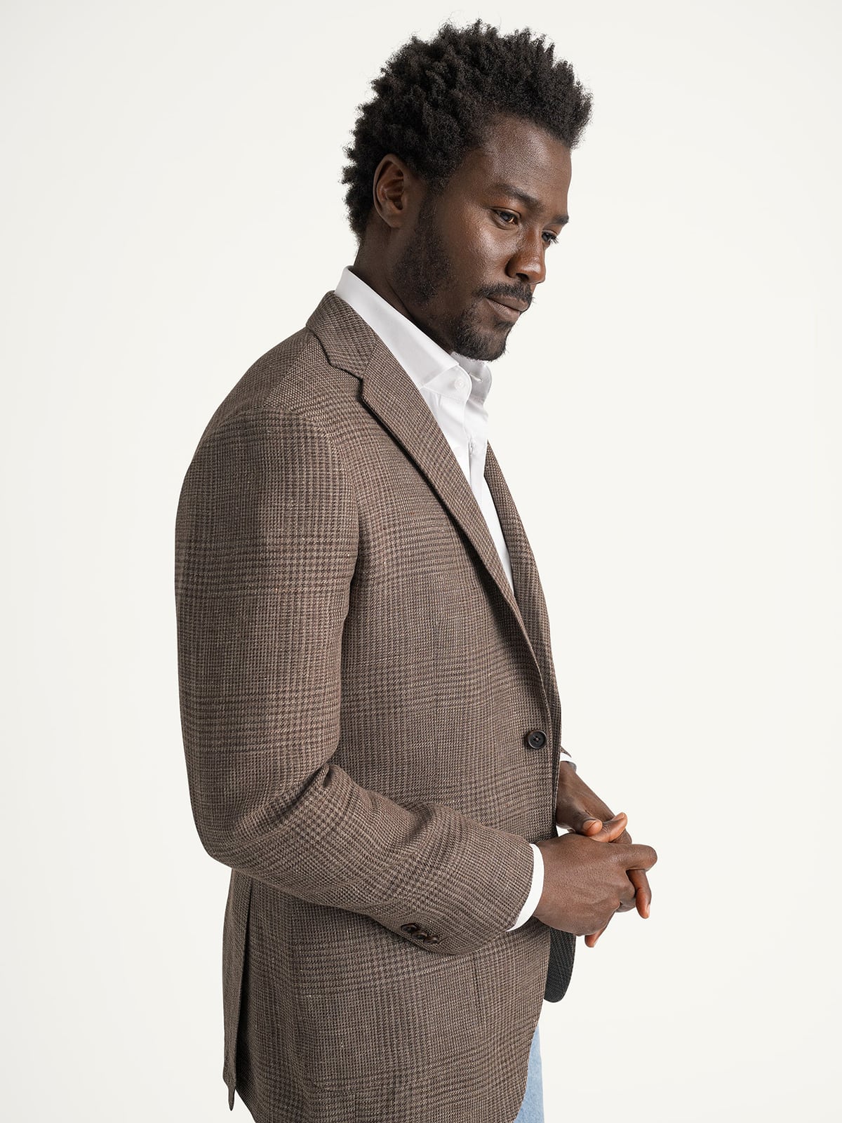 Drago Brown Wool and Linen Glen Plaid Bedford Jacket - Custom Fit