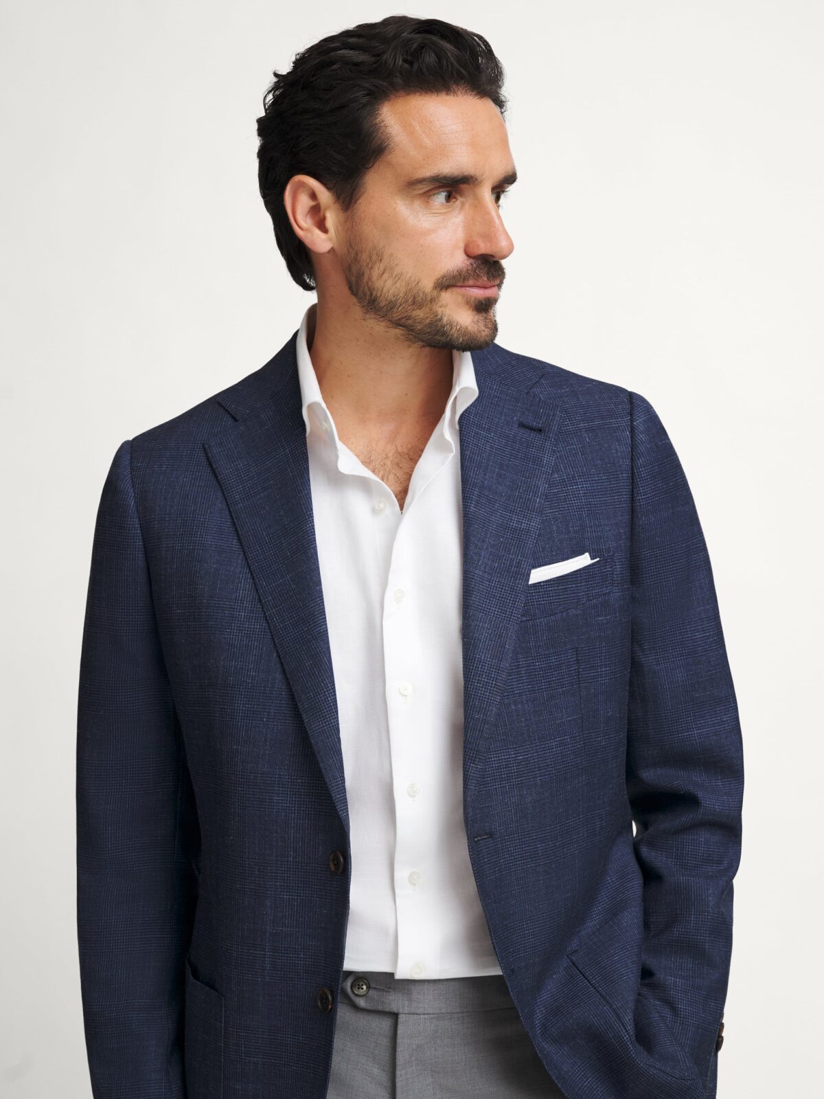 Loro Piana ヘリンボーン カシミヤ スエード テーラード ジャケット Loro Piana Slate Wool Silk Linen Glen Plaid Jacket - Custom Fit