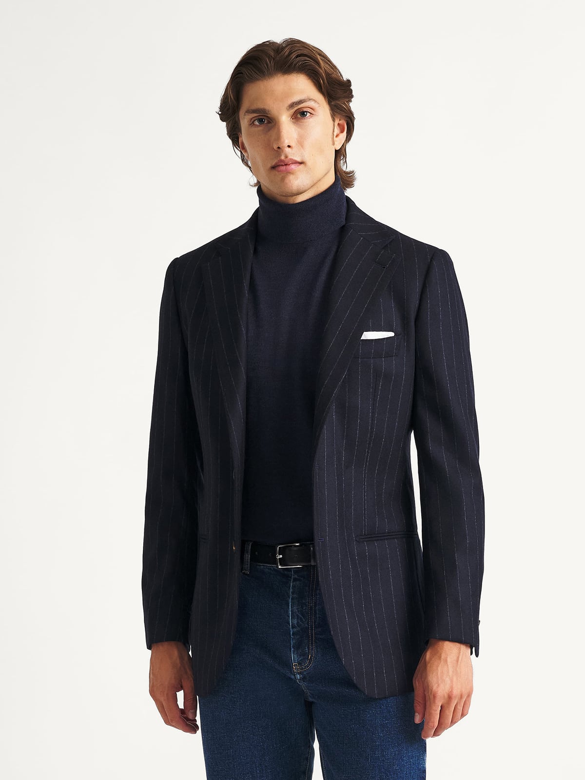 VBC Navy Chalkstripe Wool Flannel Downing Jacket - Custom Fit