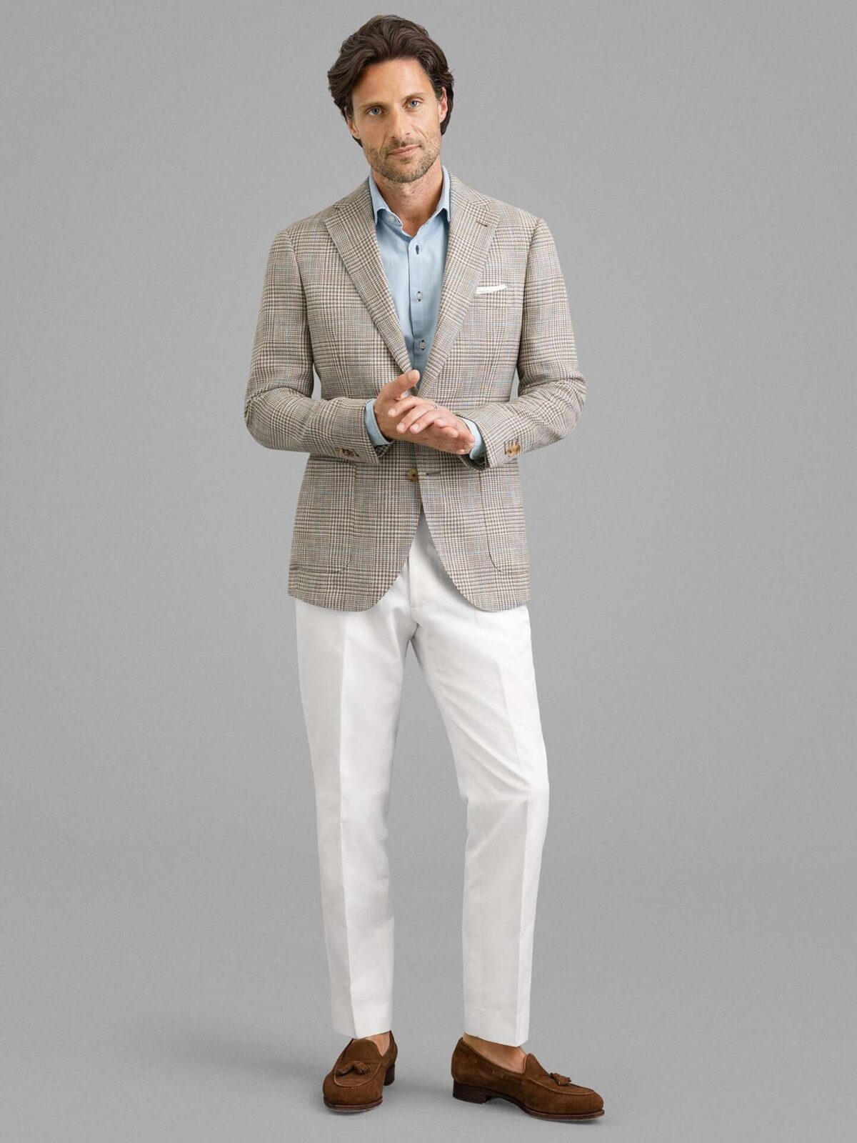 Loro Piana Fabric Beige Plaid Linen Blend Hudson Jacket - Custom