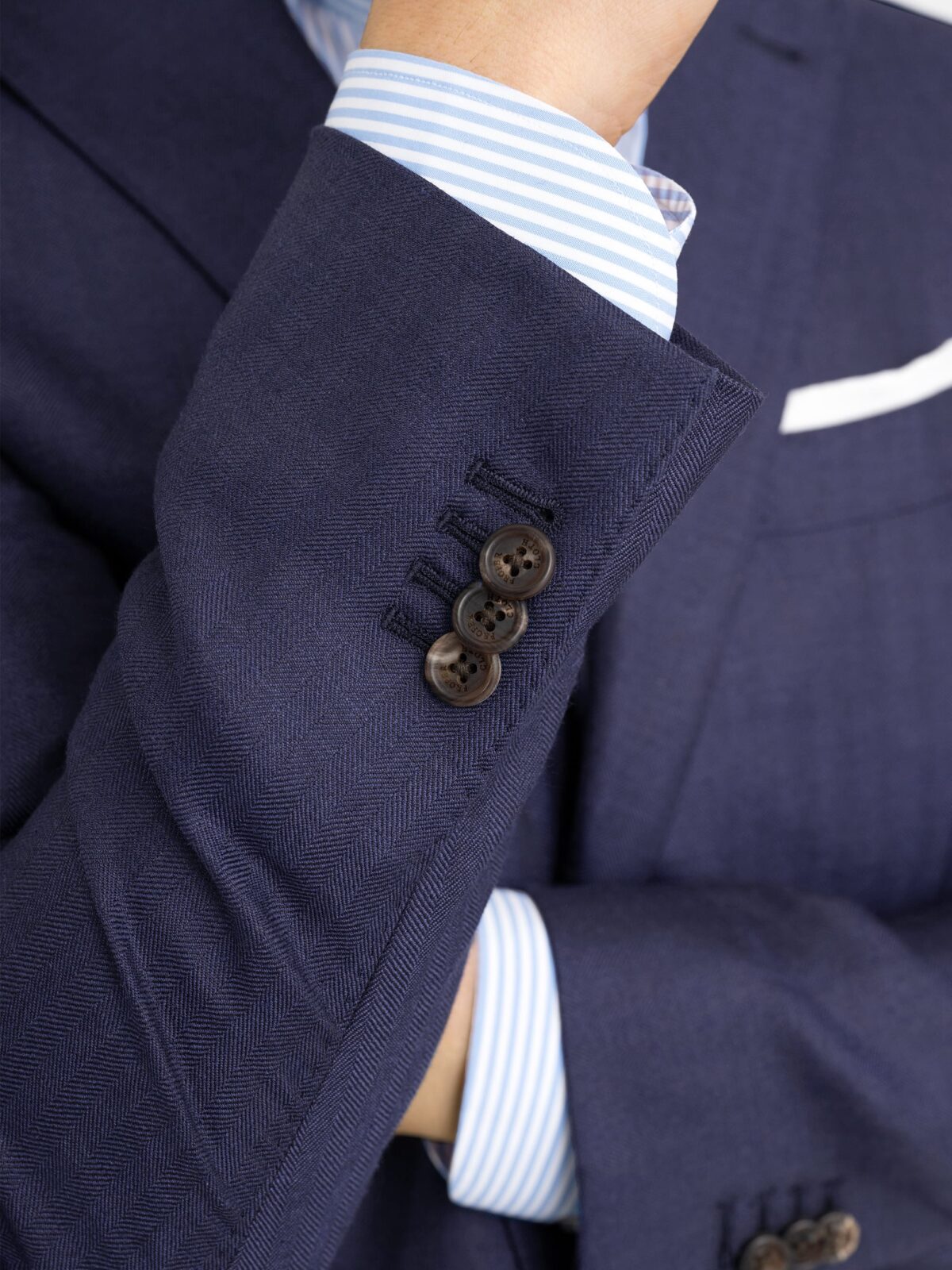 Loro Piana Fabric Navy Herringbone Linen Blend Hudson Jacket