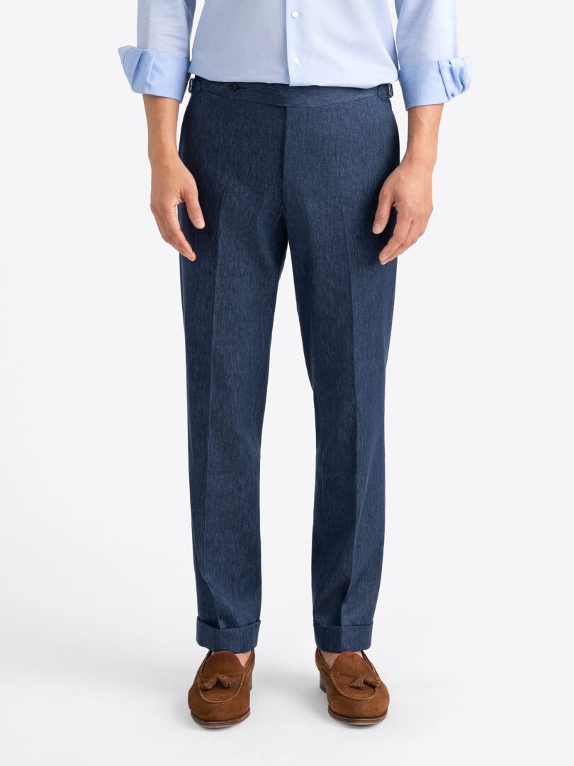 Loro Piana Fabric Navy Stretch Cotton and Linen Dress Pant Thumb Detail
