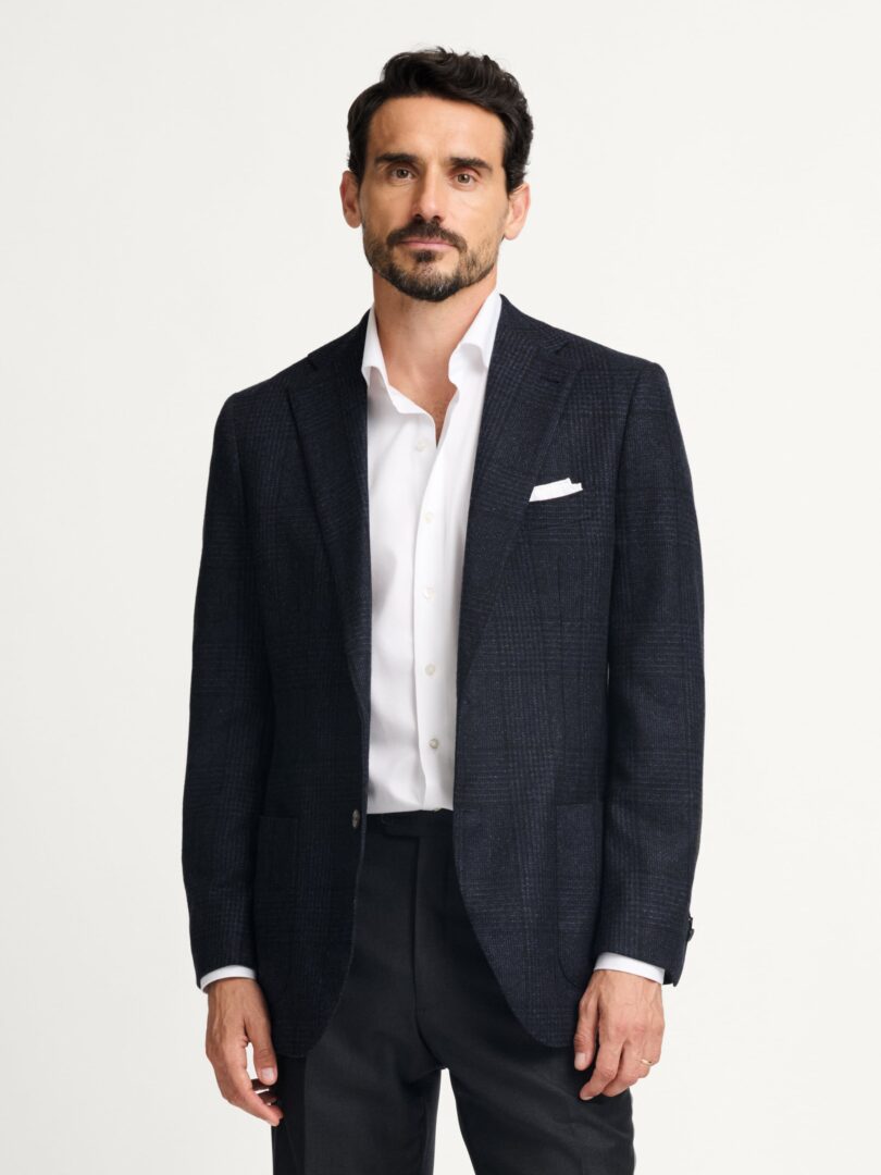 di Pray S110s Navy Glen Plaid Herringbone Italian Wool Flannel Thumb Detail