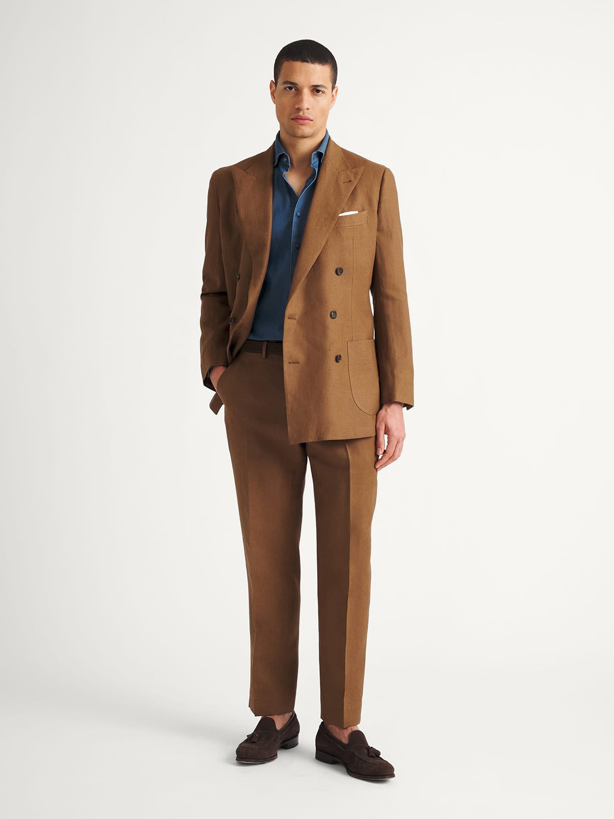 tobacco brown suit Proper Cloth Double Breasted Tobacco Irish Linen Carmine Men's Custom Suit