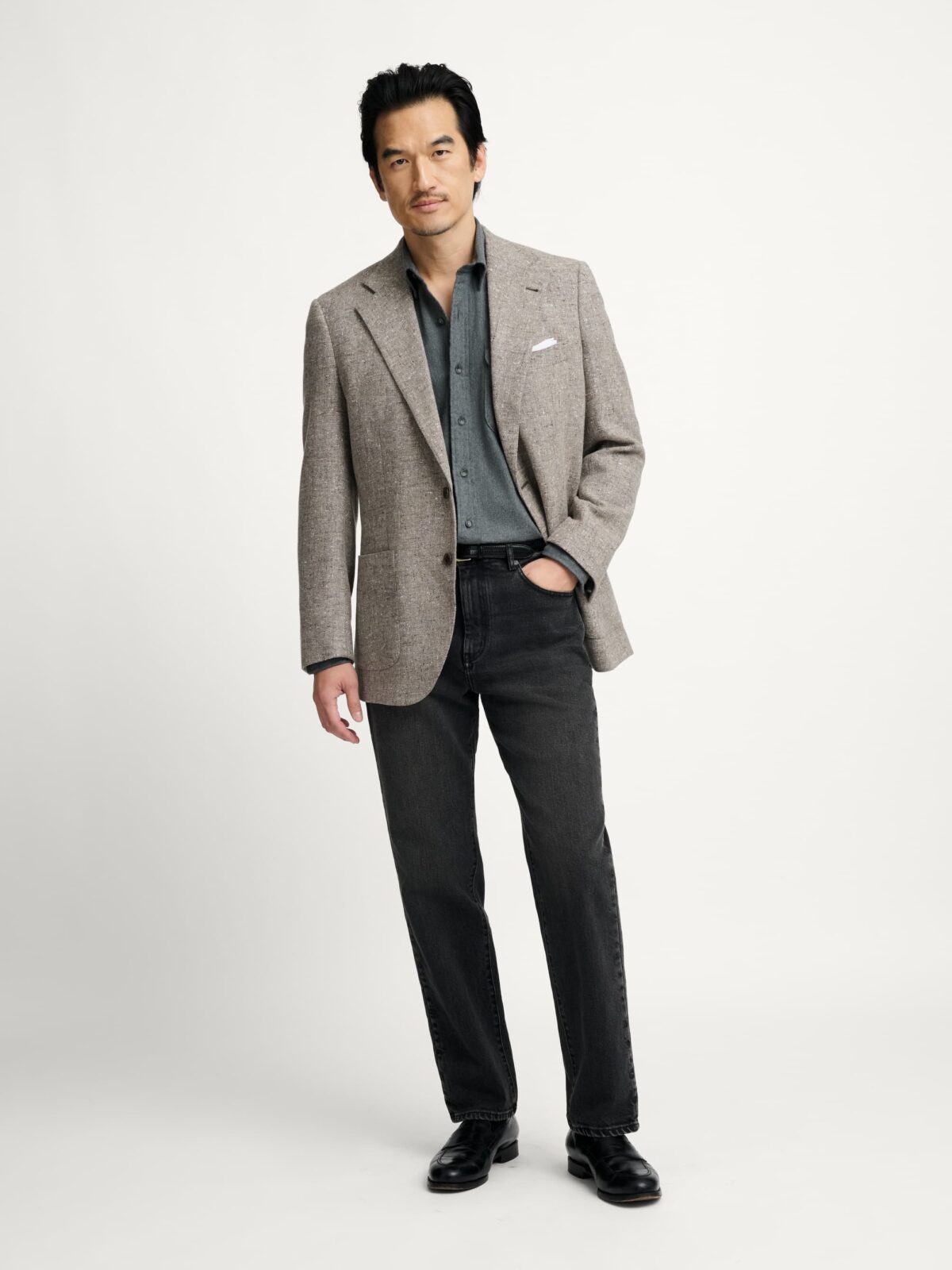 ★三者混★ Loro Piana アンコン LINEN TWEED テイジン Loro Piana Fabric Greige Tweed Hudson Jacket - Custom Fit Tailored