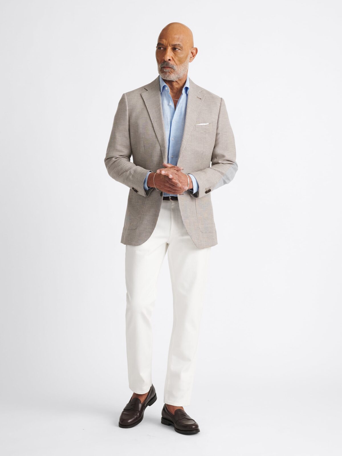 Beige Houndstooth Wool and Linen Stretch Bedford Jacket - Custom
