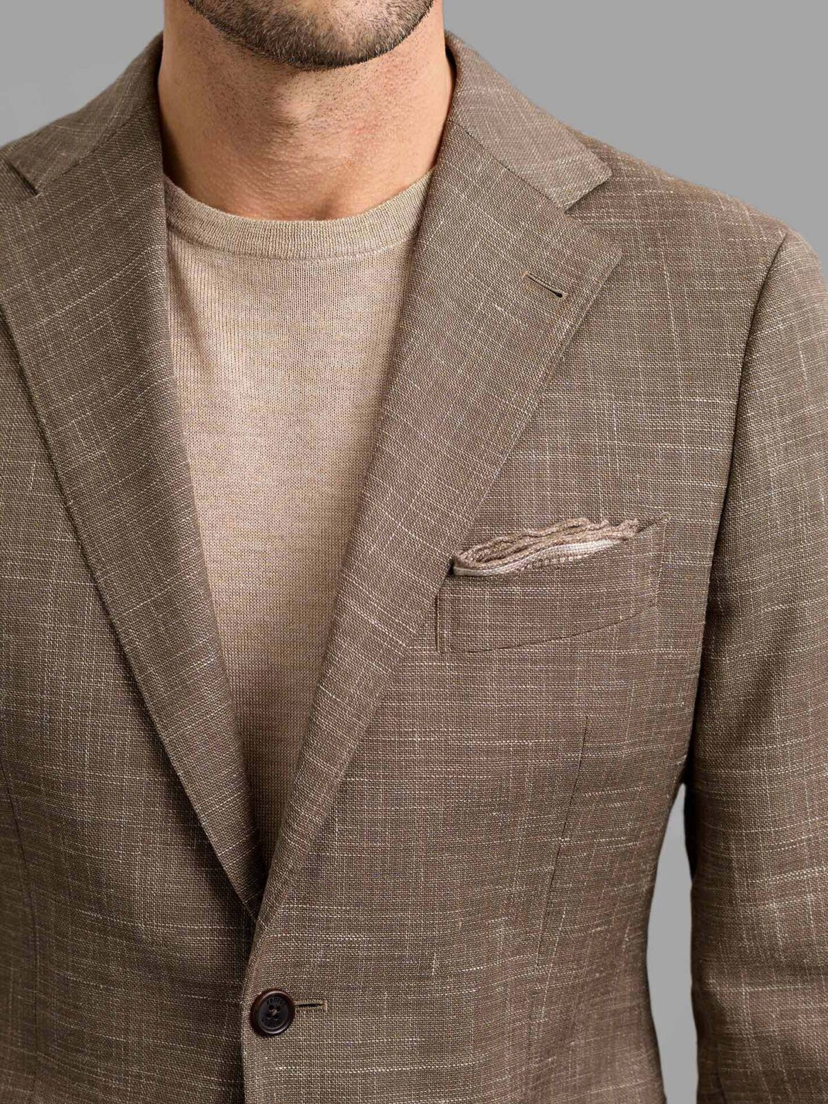 Mocha Wool and Linen Stretch Clothing Fit Tailored Bedford Jacket Custom 