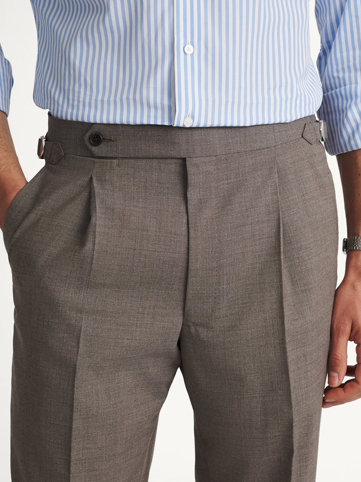 Drago Taupe High Rise Single Pleat Tropical Wool Pant - Custom Fit