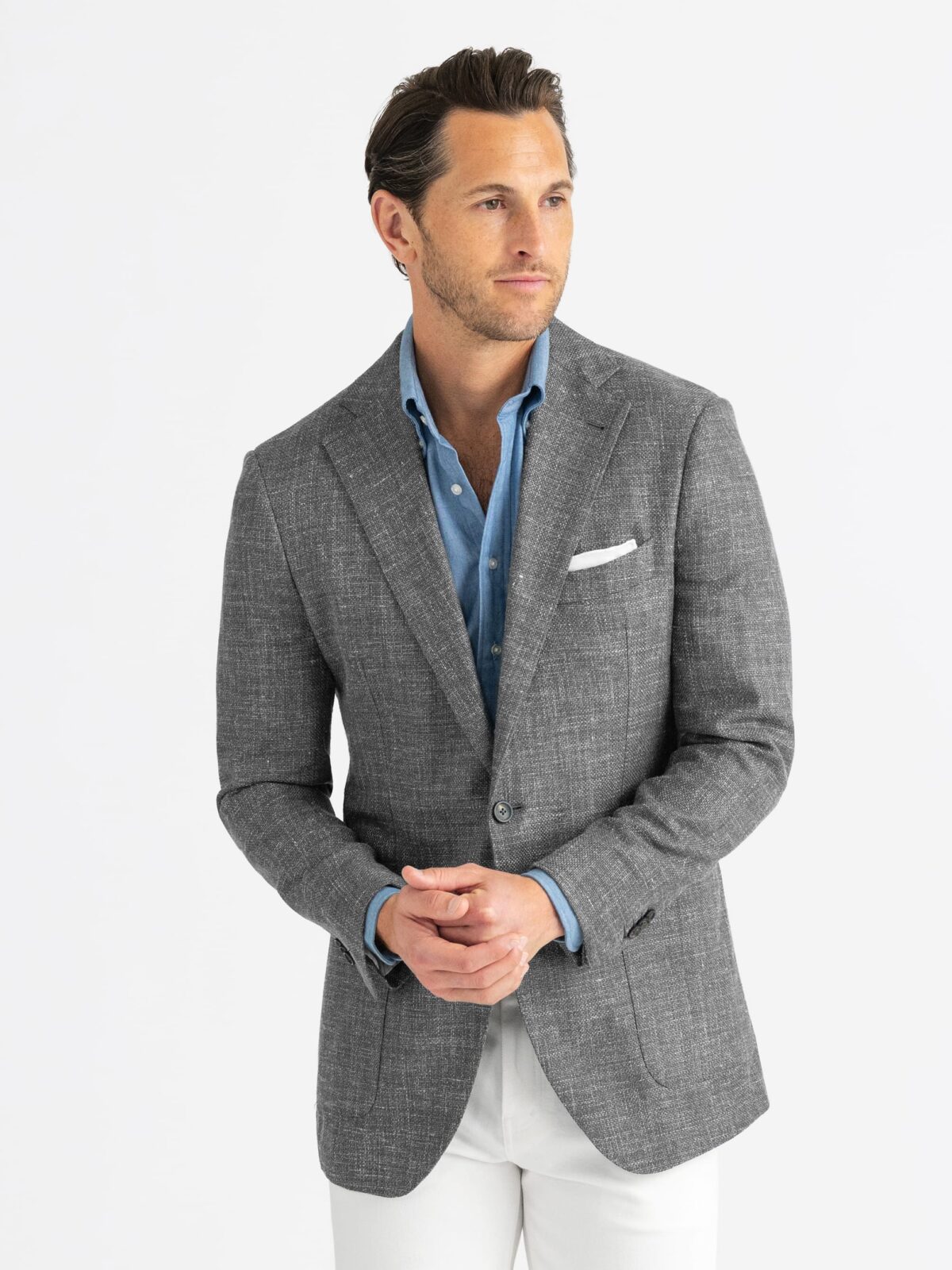 Grey Wool Silk and Linen Basketweave Bedford Jacket - Custom Fit