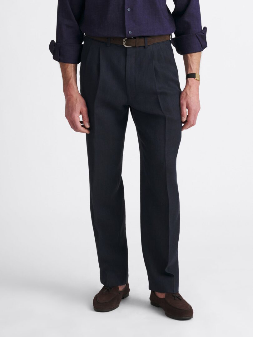 Drago Faded Navy Herringbone Wool Linen Herringbone Dress Pant Thumb Detail