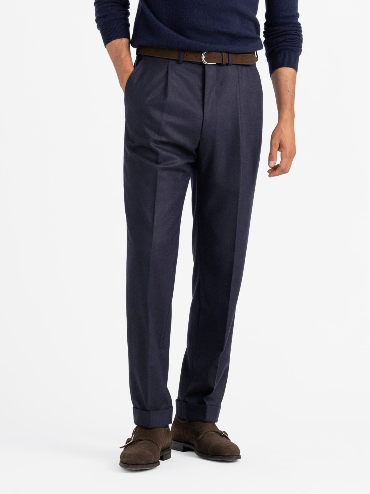 Single Pleated VBC Navy Wool Flannel Dress Pant - Custom Fit
