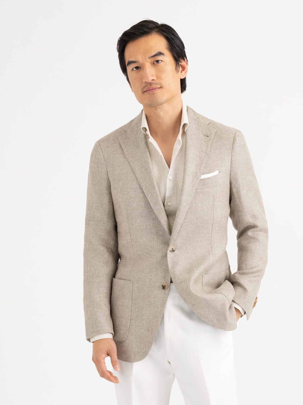 Beige Linen and Lyocell Hopsack Bedford Jacket