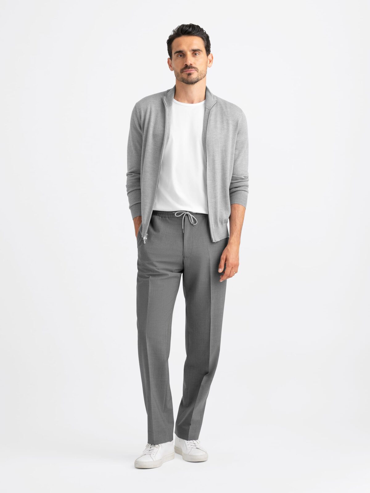 Light Grey Stretch Wool Drawstring Trouser - Custom Fit