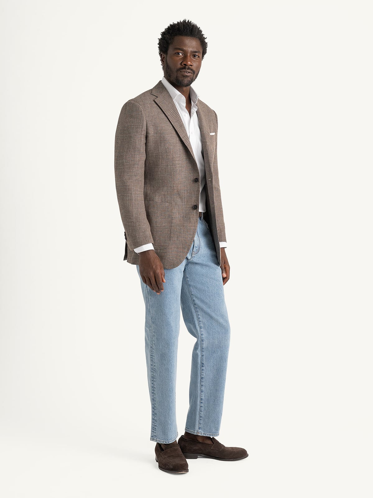Drago Brown Wool and Linen Glen Plaid Bedford Jacket - Custom Fit