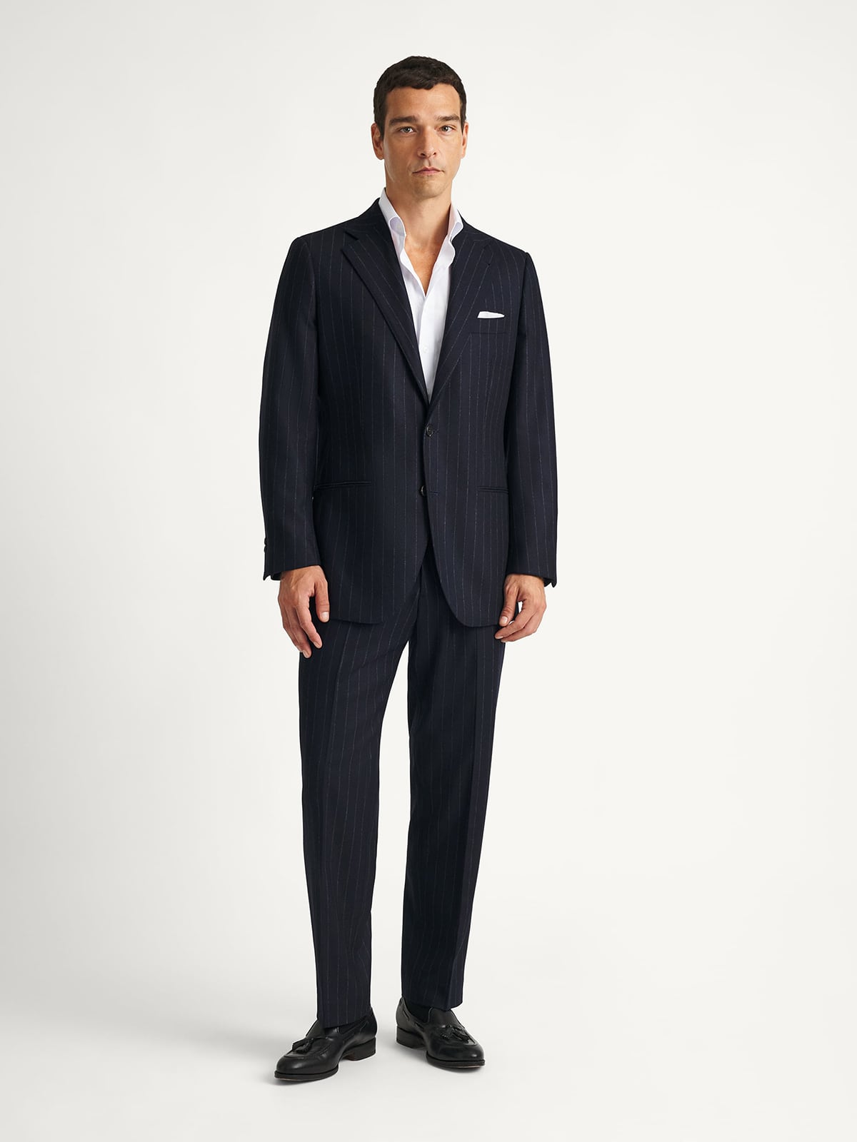 VBC Navy Chalkstripe Wool Flannel Downing Suit - Custom Fit