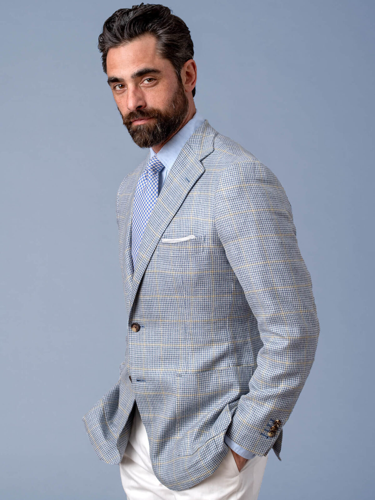 Bedford Light Blue Houndstooth Plaid Summer Blend Jacket - Custom