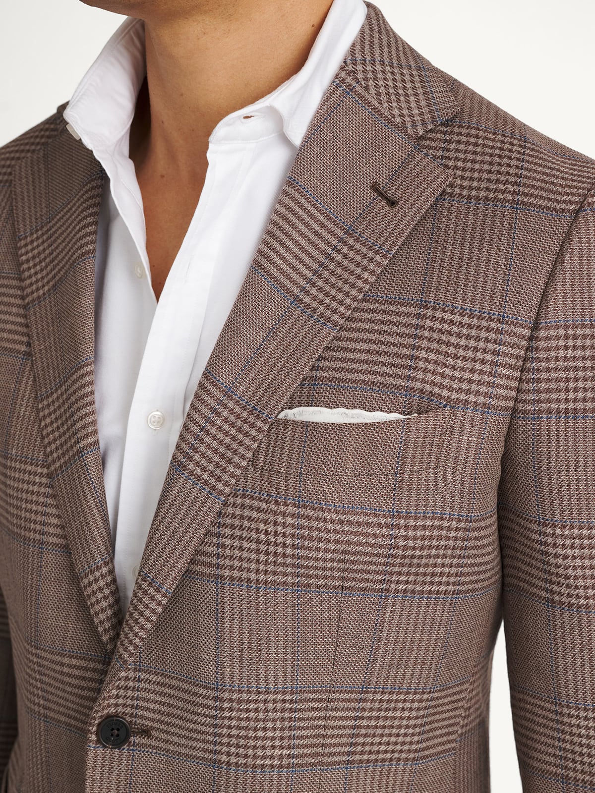 Mocha and Blue Glen Plaid Wool and Linen Stretch Jacket - Custom