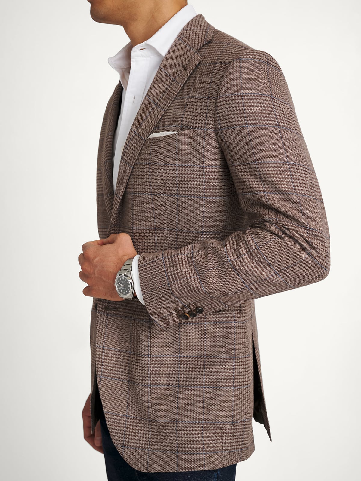 Mocha and Blue Glen Plaid Wool and Linen Stretch Jacket - Custom