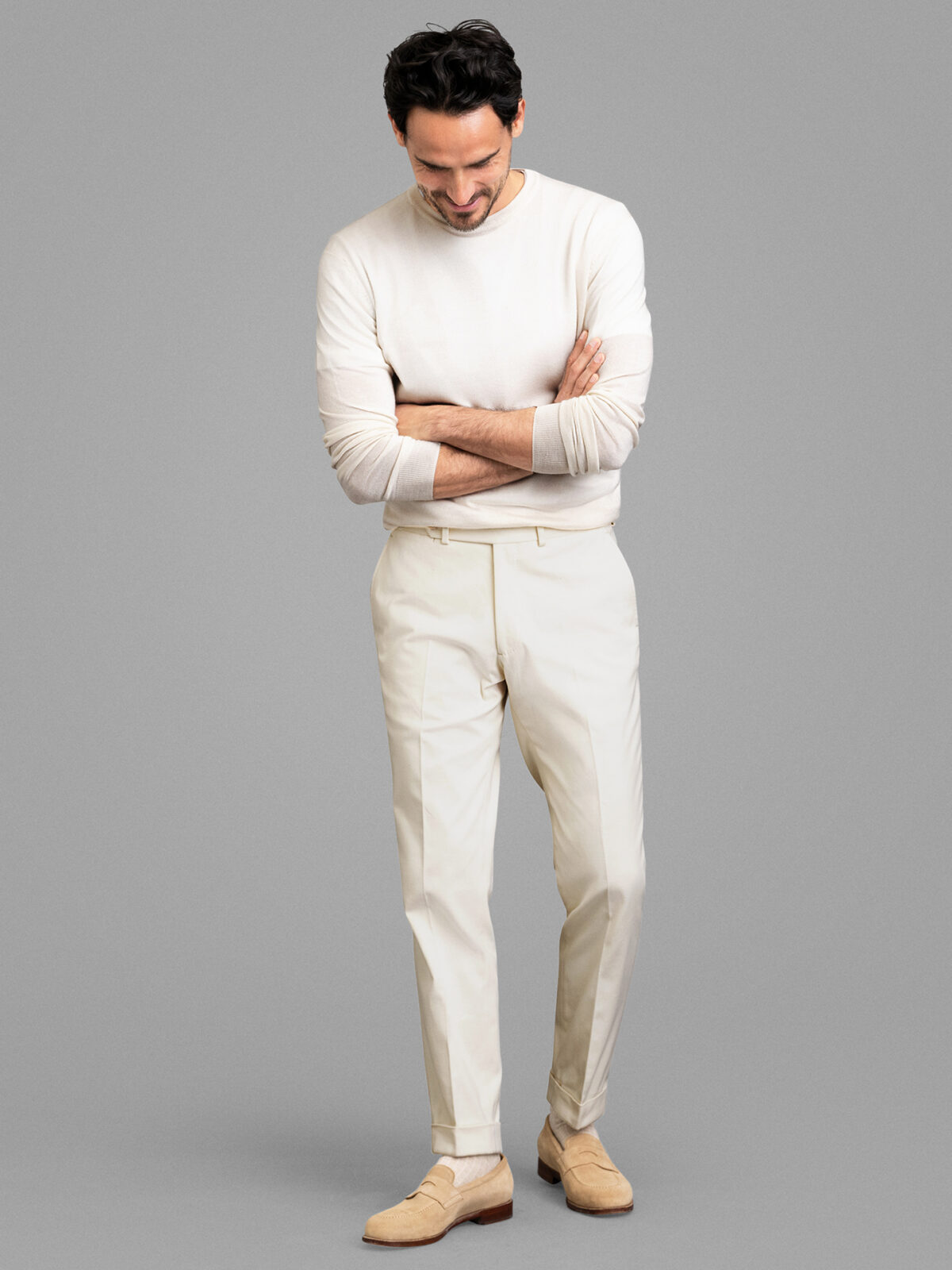 Cream Heavy Brushed Cotton Stretch Dress Pant