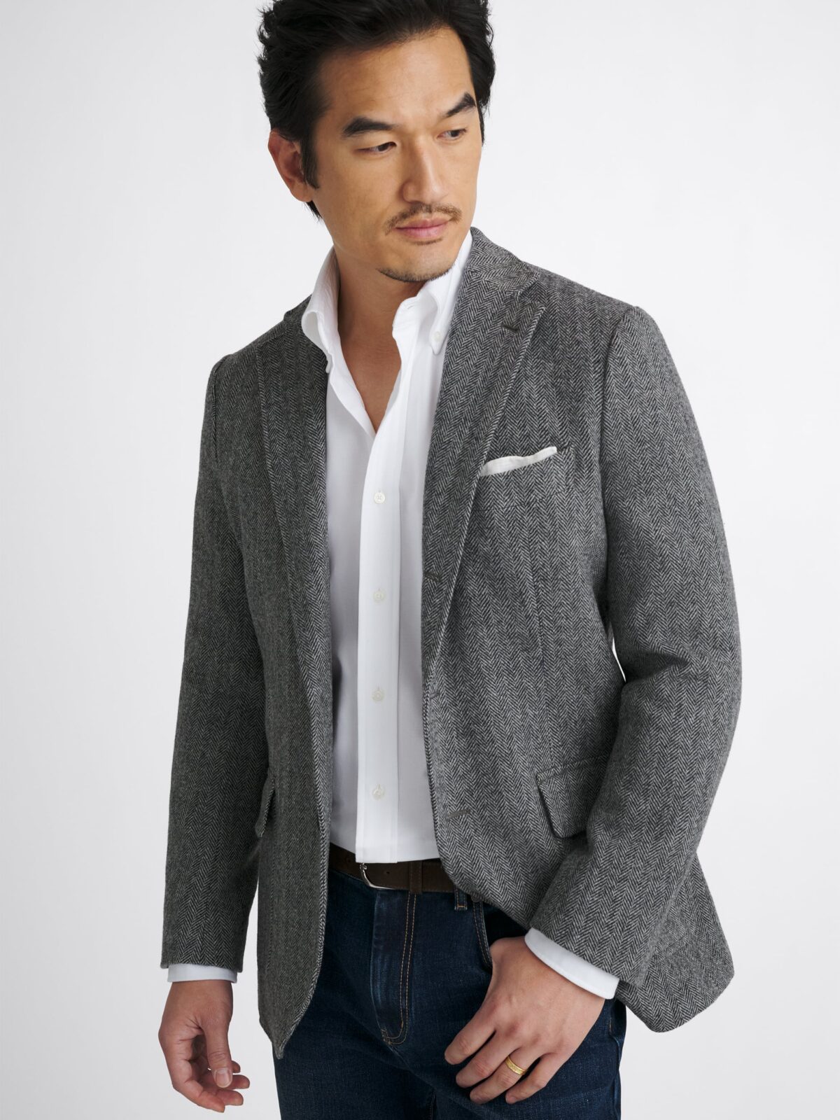 Grey Herringbone Shetland Tweed Andover Jacket - Custom Fit