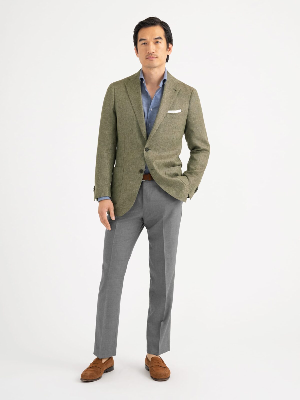 Faded Olive Linen and Lyocell Hopsack Bedford Jacket - Custom Fit