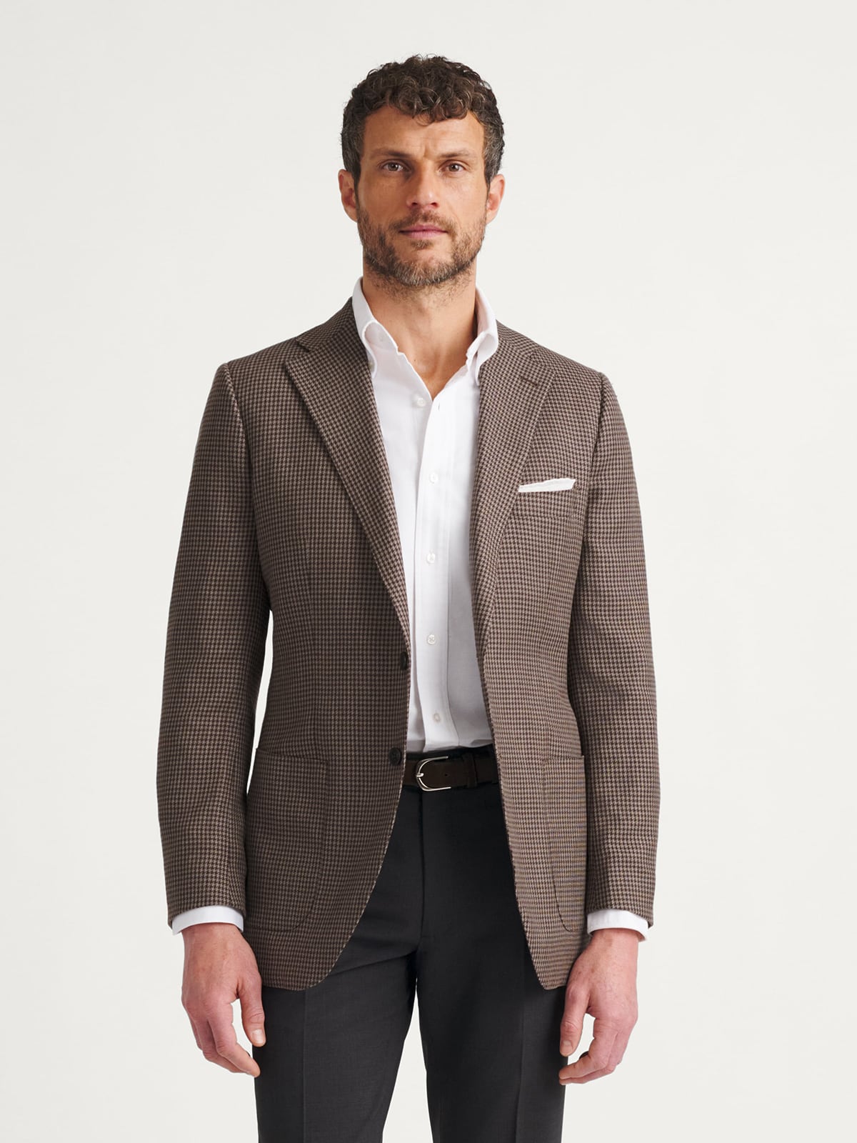 Brown Houndstooth Wool and Linen Stretch Jacket - Custom Fit