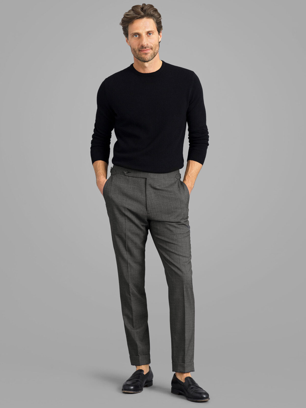 Grey Textured Weave Wool Stretch Dress Pant