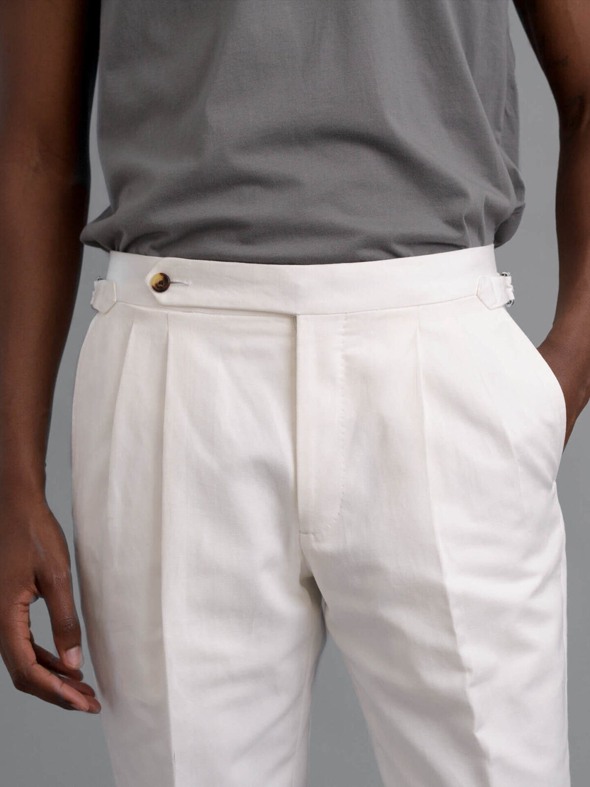 Double Pleated White Cotton and Linen Dress Pant