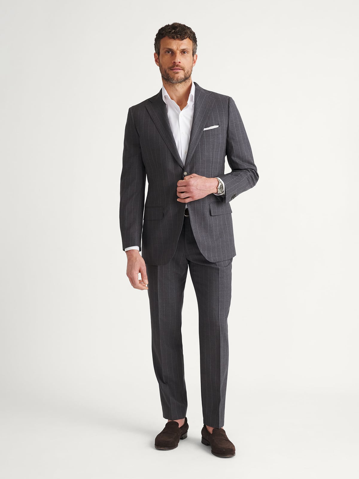 Drago Grey Chalkstripe S130s Tropical Wool Allen Suit - Custom Fit