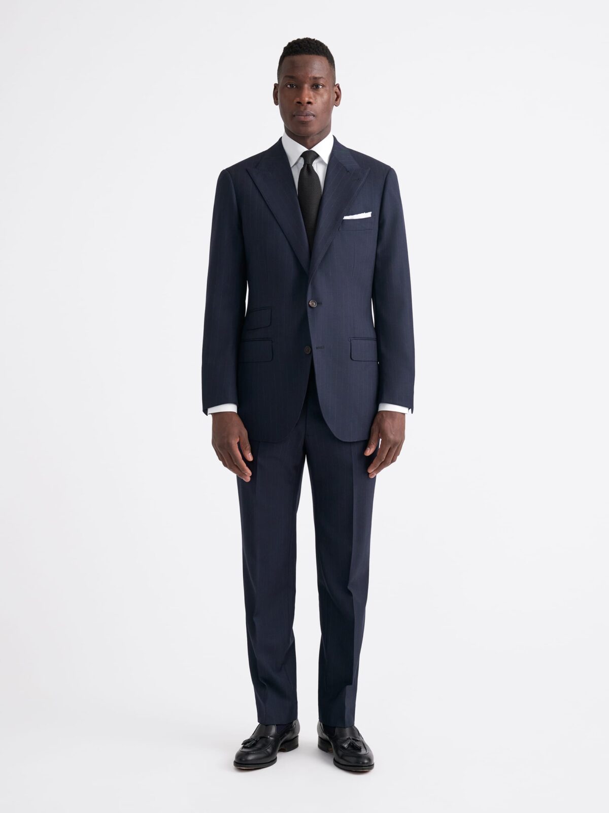 Peak Lapel Drago Navy Pinstripe S130s Suffolk Suit