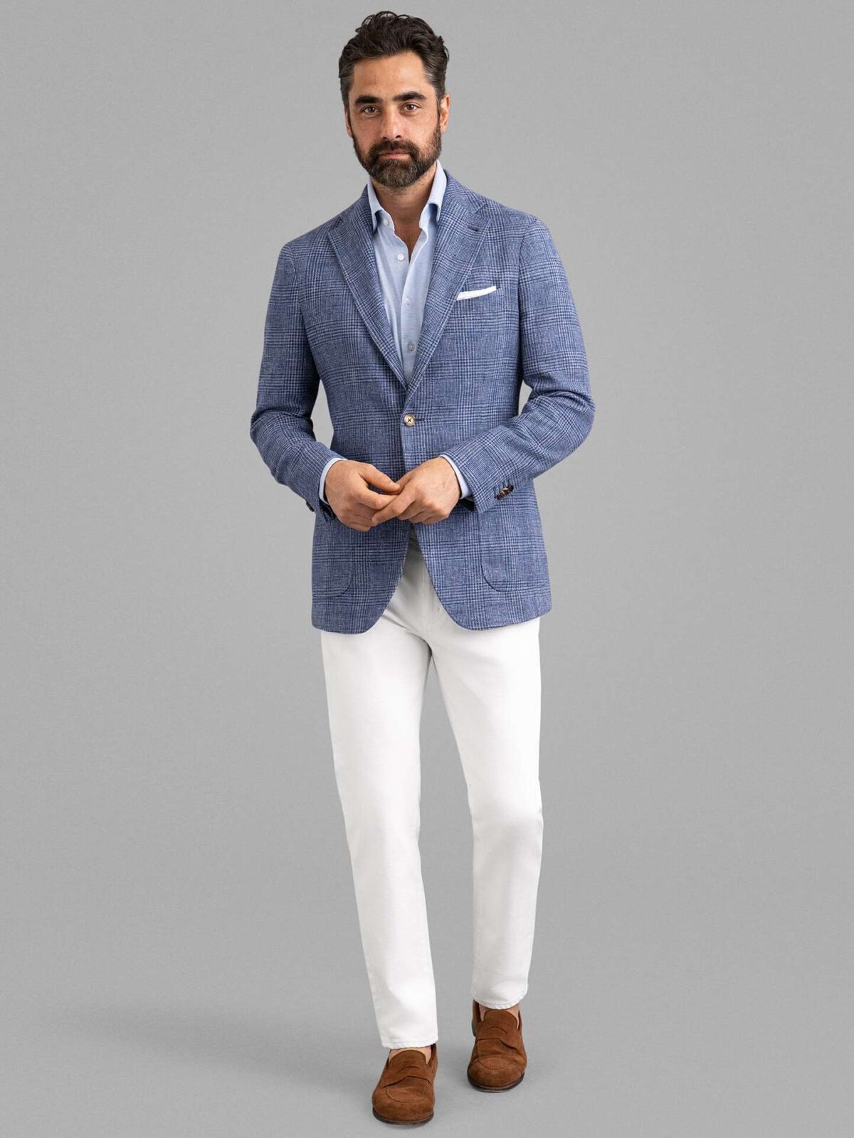 Blue Glen Plaid Wool Cotton Linen Waverly Jacket - Custom Fit