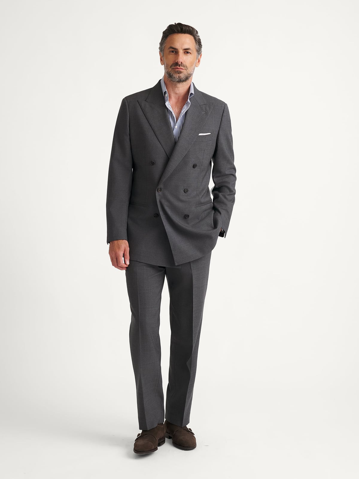Double Breasted Dark Grey Stretch 3 Ply Fresco Carmine Suit