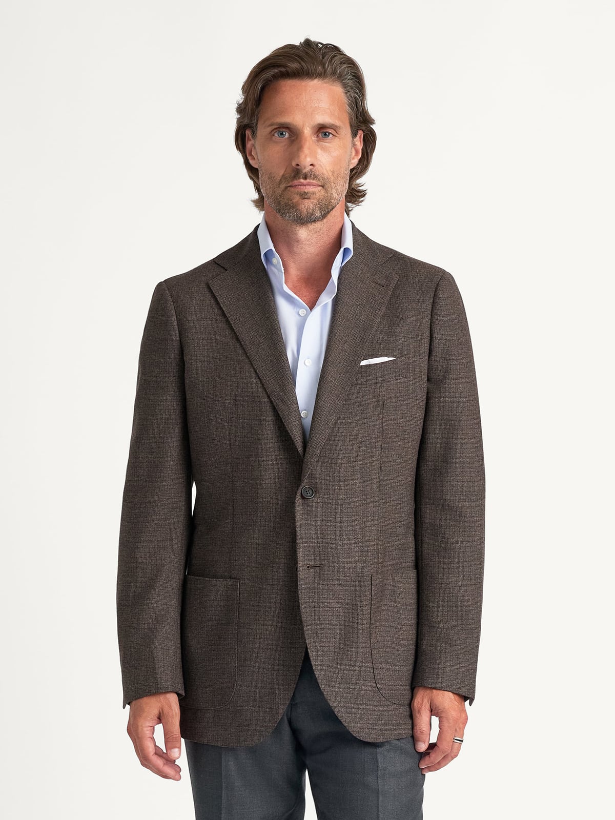 Drago Wool Flannel S130s Brown Micro Gun Check Bedford Jacket