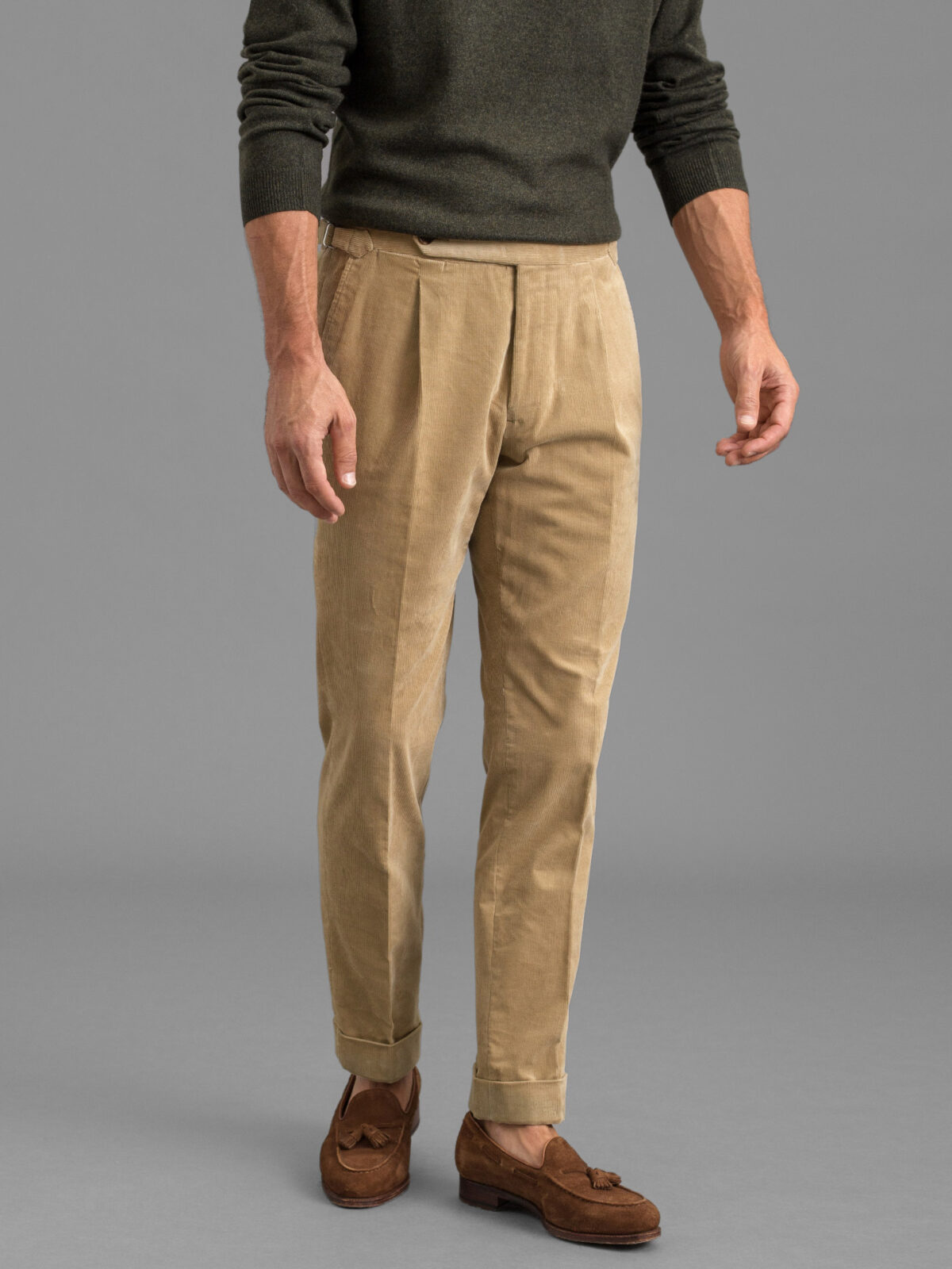 Pleated Beige Corduroy Stretch Dress Pant - Custom Fit Tailored