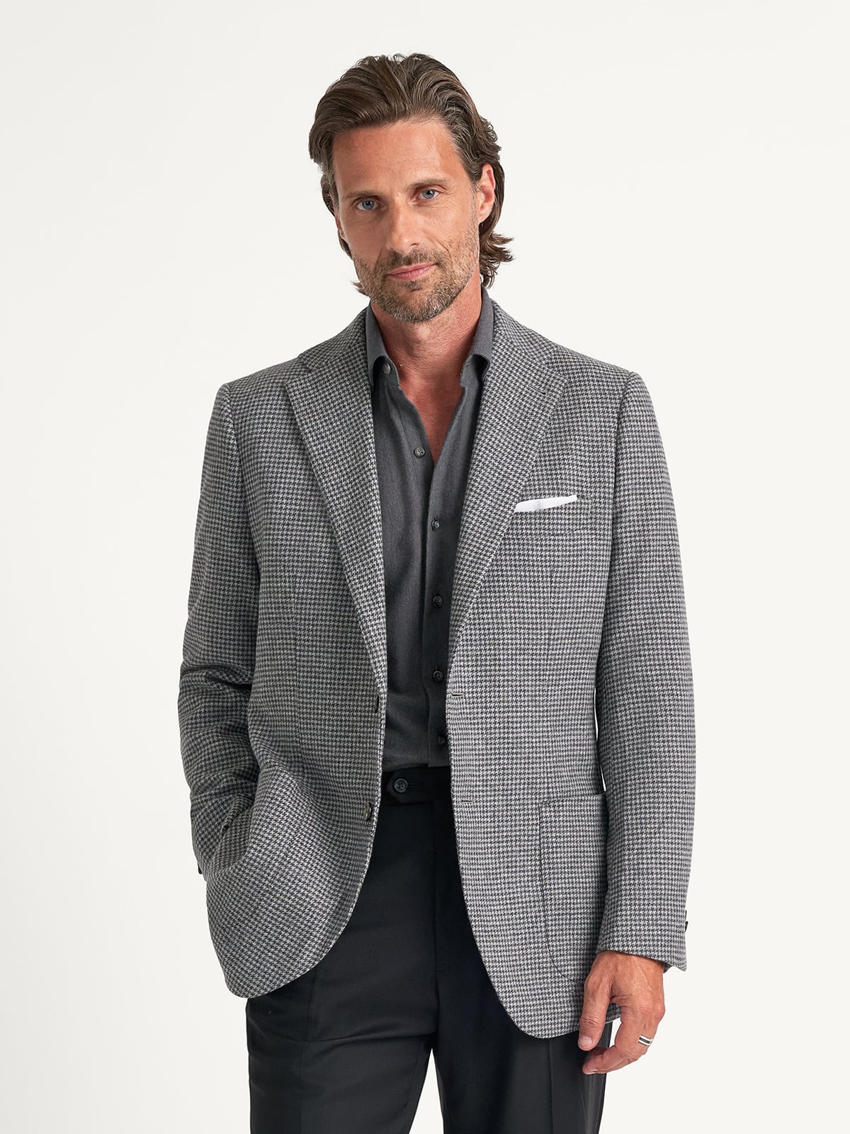 Angelico Grey Houndstooth Italian Wool Flannel Bedford Jacket