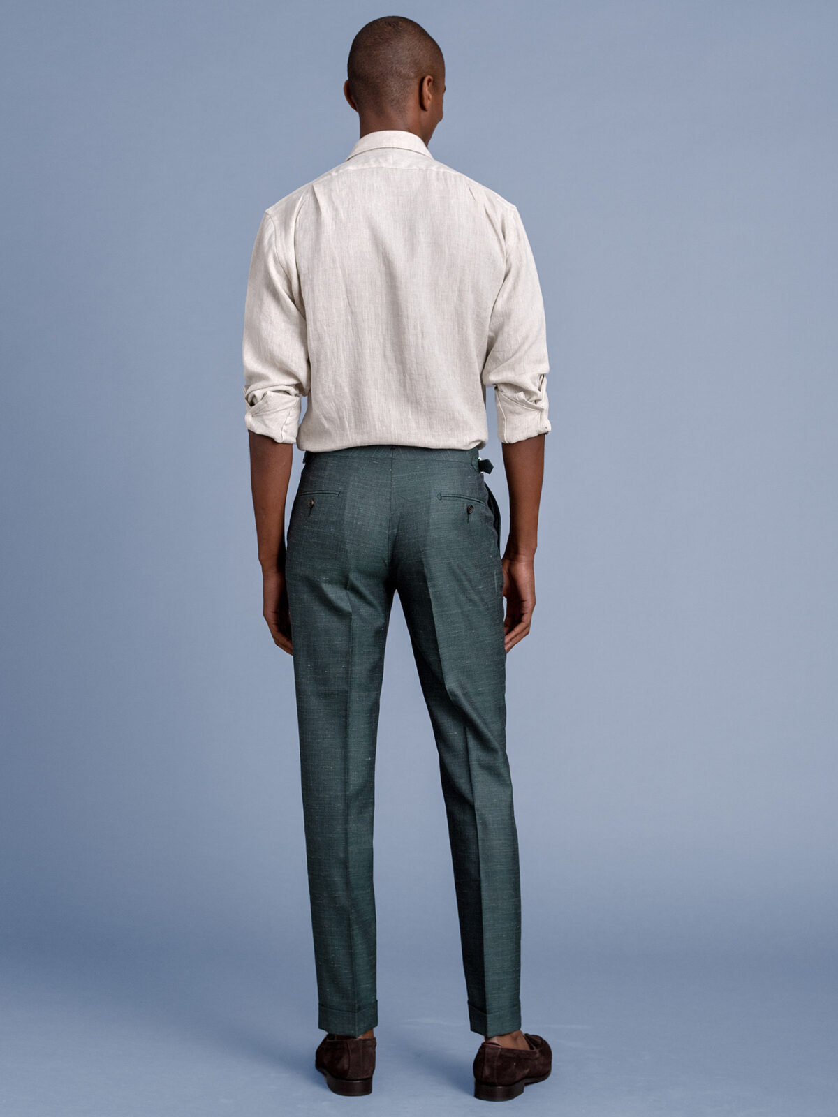 Allen Faded Green Wool Silk and Linen Dress Pant