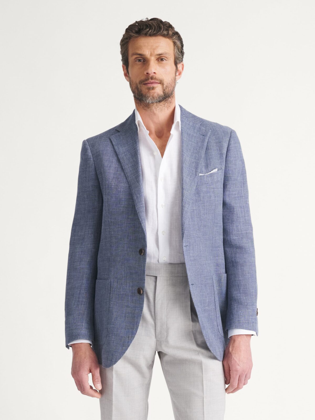 Drago Faded Blue Wool and Linen Bedford Jacket - Custom Fit Tailored Clothing Drago Faded Blue Wool and Linen Bedford Jacket - Custom Fit Tailored Clothing