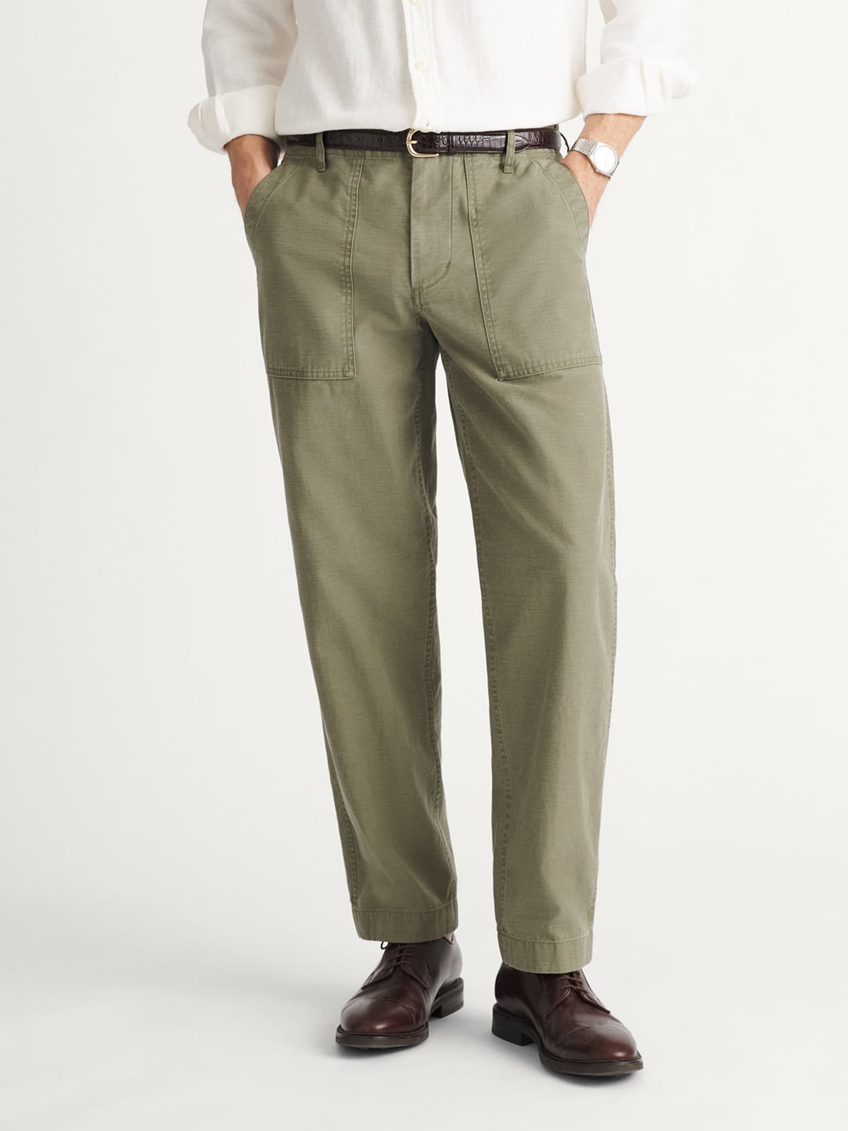 olive green dress pants Olive Green Chambray Shirt Outfit Men Olive Dress Pants With Blue Chambray  Shirt Summer Outfits For