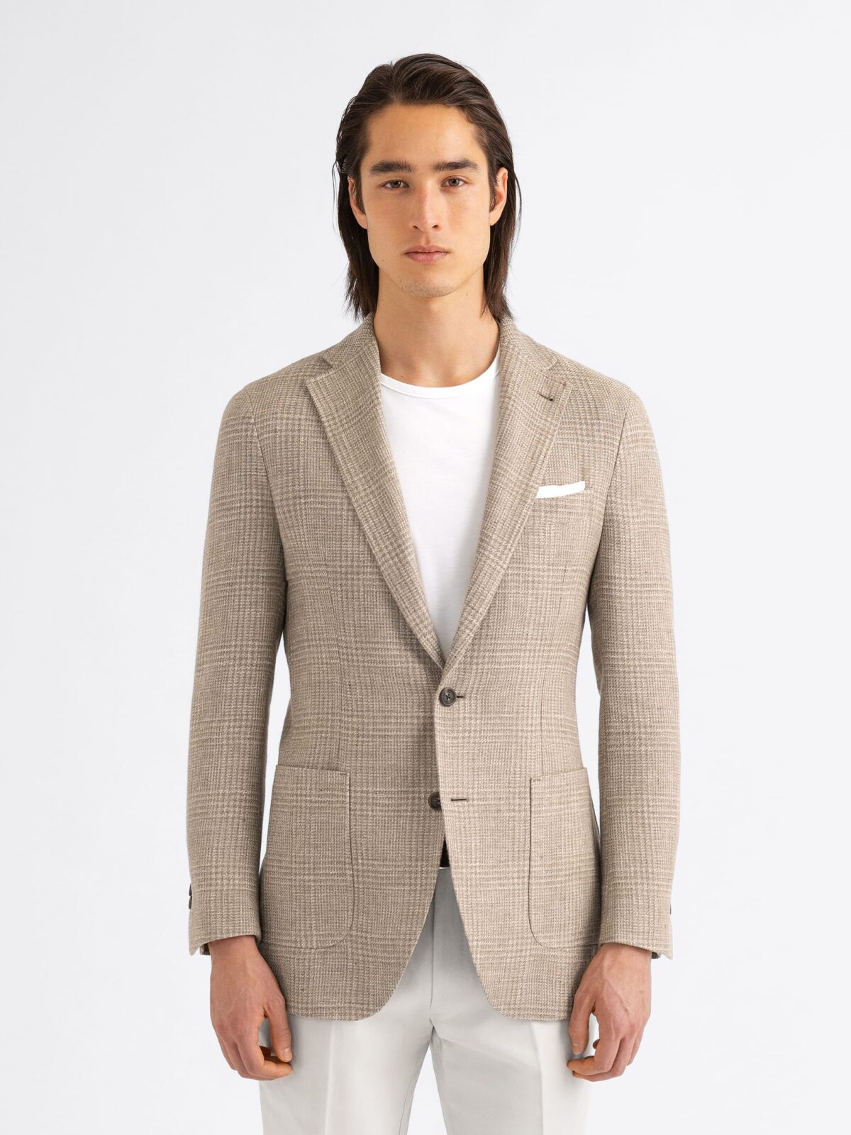 Beige Glen Plaid Wool and Linen Waverly Jacket - Custom Fit