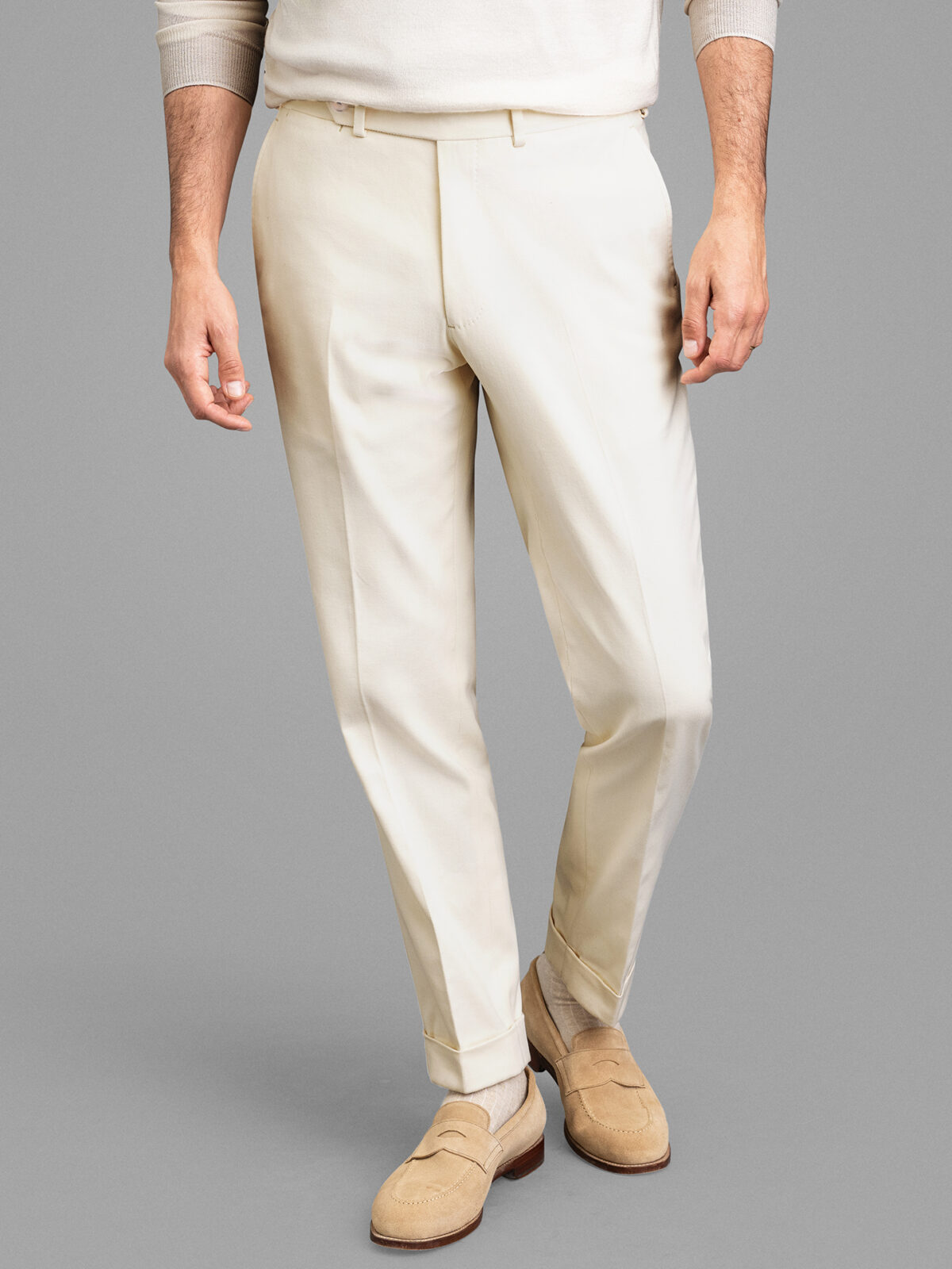 Cream Heavy Brushed Cotton Stretch Side Tab Dress Pant