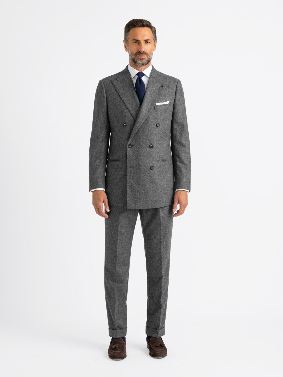 Double Breasted VBC Grey Wool Flannel Carmine Suit - Custom Fit