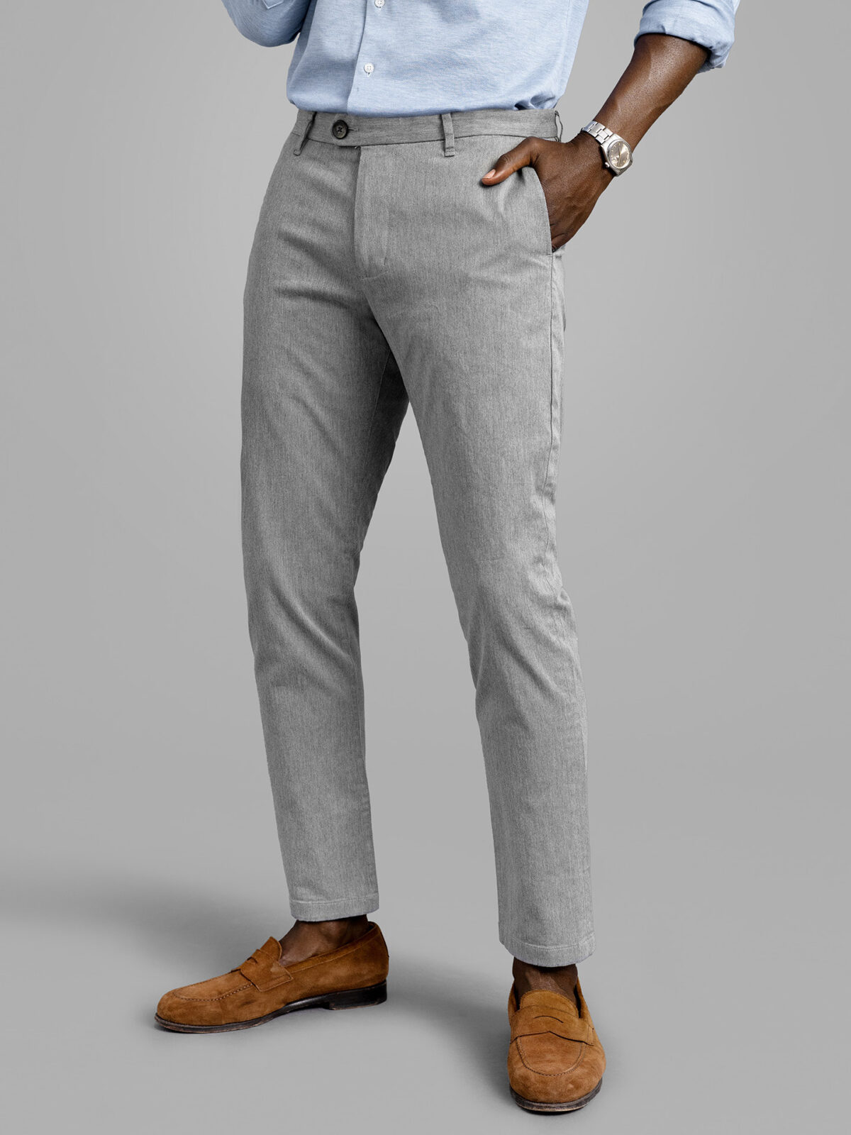 Japanese Grey Melange Stretch Cotton Chino - Custom Fit Pants