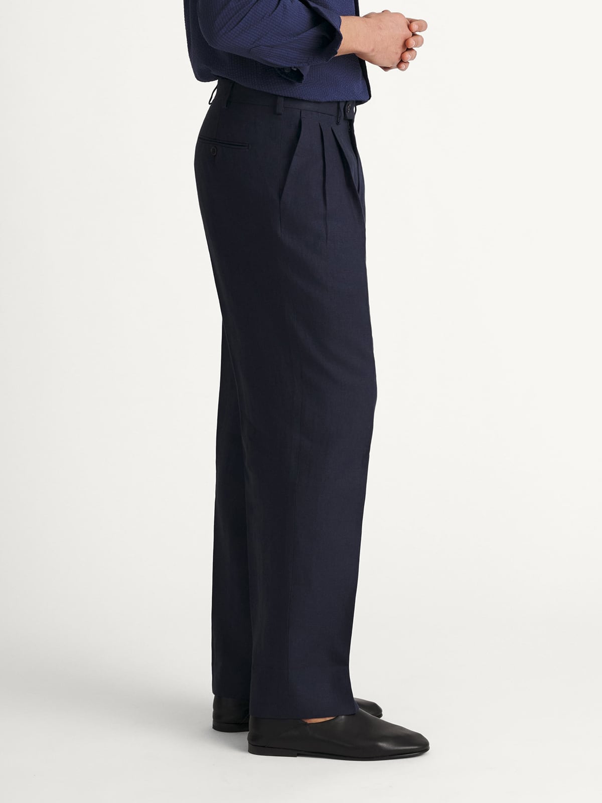 Navy Linen Wide Leg Pleated Dress Pant