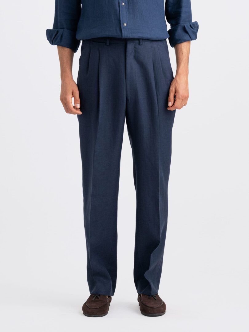 Portofino Navy Linen Wide Leg Pleated Dress Pant Thumb Detail